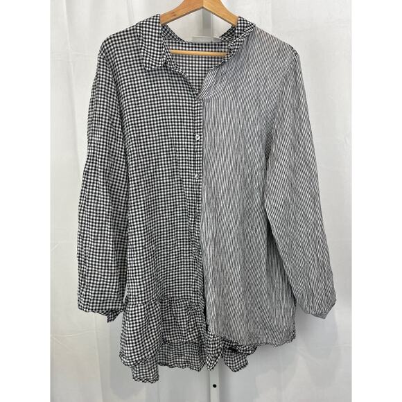 LOGO Lori Goldstein Woven Mixed Media Button Up Blouse A366364 Black White XL - Picture 1 of 10